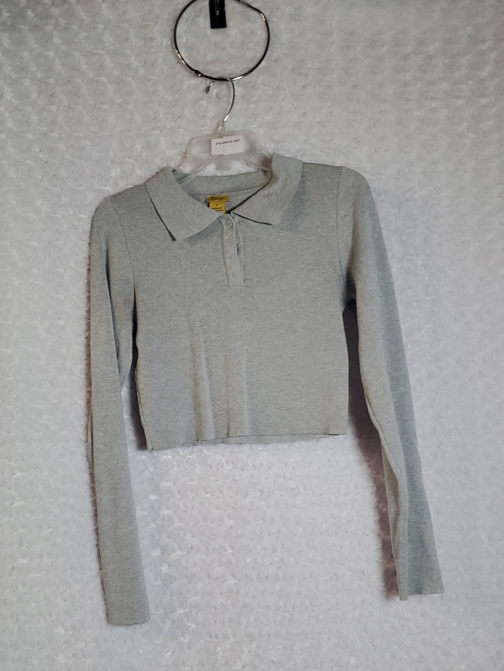 Daisy Cropped Long-Sleeve Polo Top in Light Gray XL
